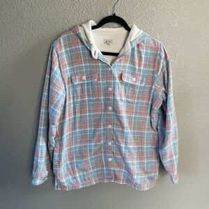 L.L. Bean Shacket Medium Blue Plaid Fleece Lined Flannel Hoodie Jacket Gorpcore